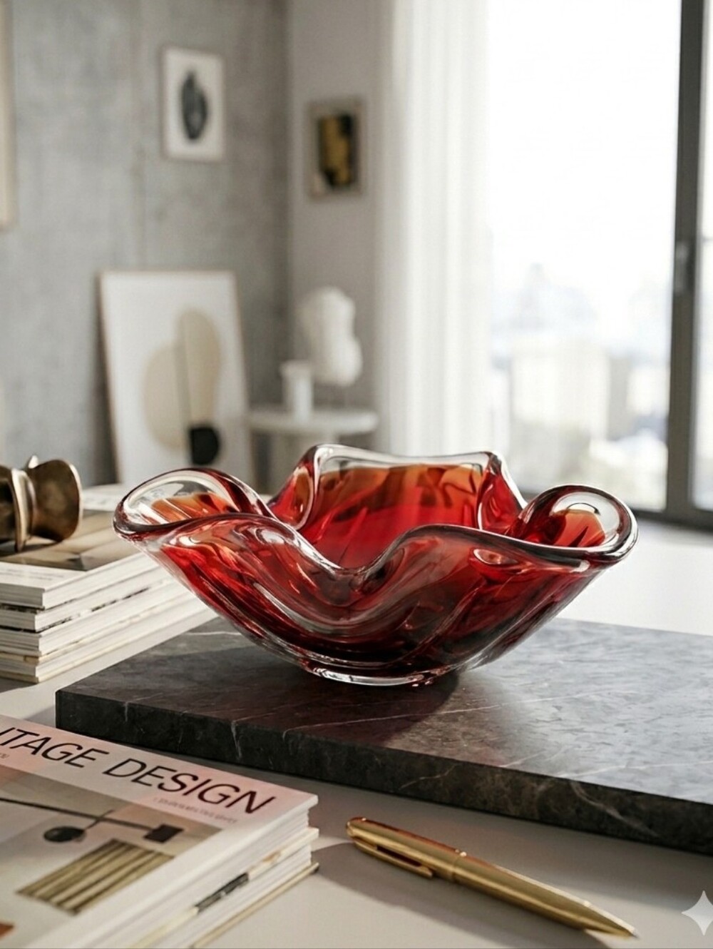 Vintage Murano Style Red & Clear Glass Candy Trinket Dish Ashtray